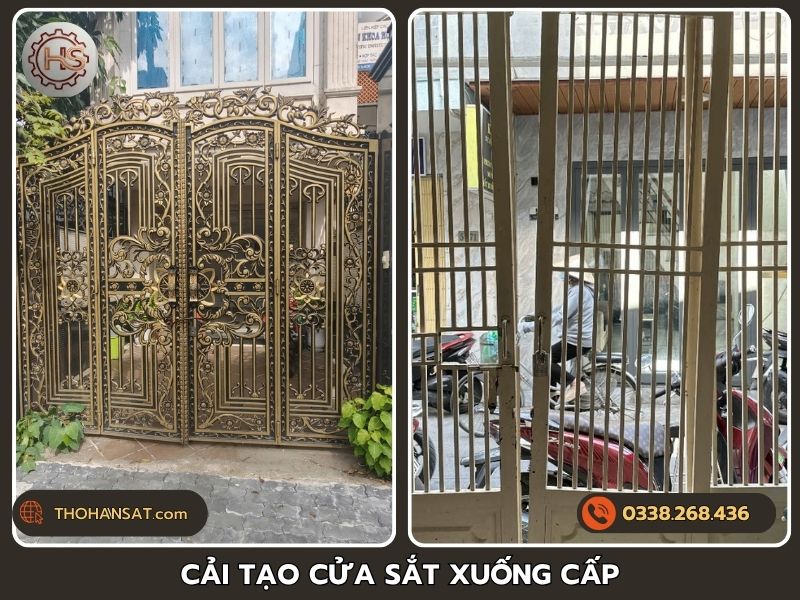 Cổng sắt hoa văn và khung cửa song dọc cần kiểm tra, cải tạo