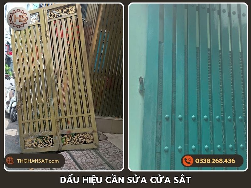 Cổng sắt hoa văn và cửa sắt màu xanh có vị trí bong sơn, rỉ bề mặt