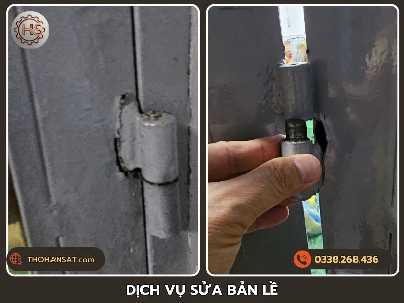 Bản lề cửa sắt bị nứt mối hàn và chi tiết trục bản lề cần thay