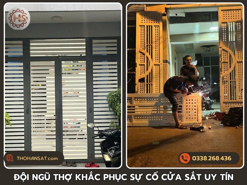 Cửa sắt nan ngang đã hoàn thiện và thợ đang hàn cánh cổng tại nhà