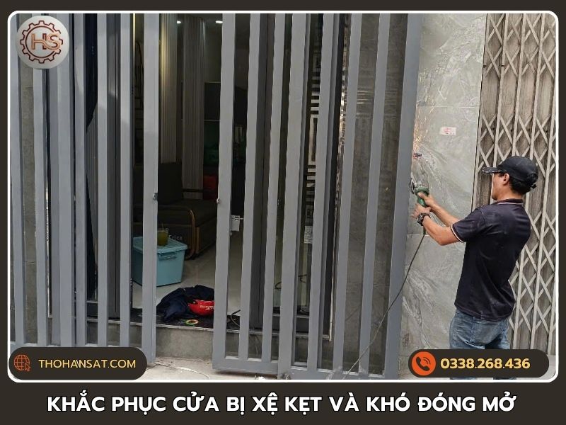 Thợ dùng máy mài xử lý cánh cửa sắt bị xệ và khó đóng mở