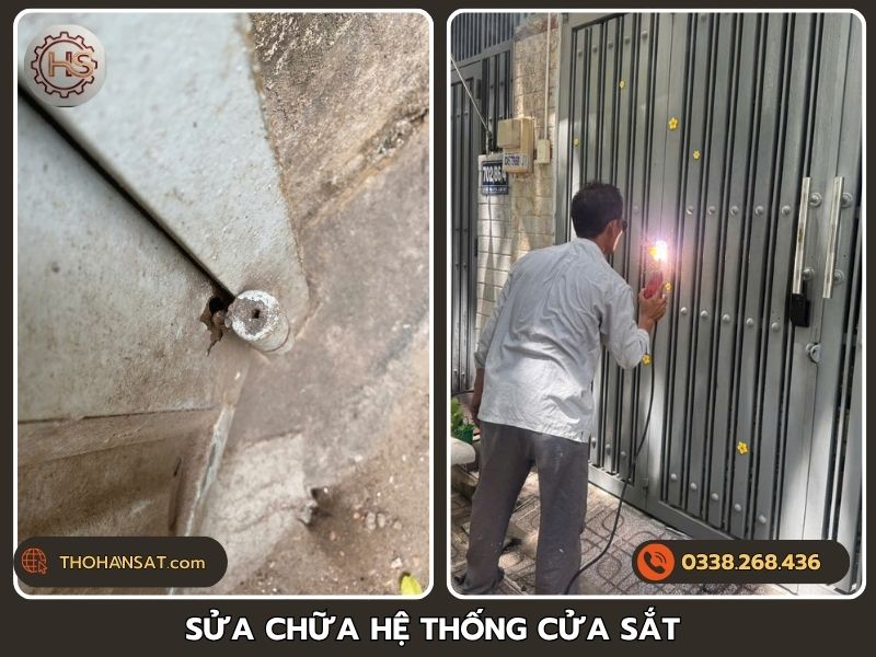 Mối liên kết cửa sắt bị hỏng và thợ đang hàn gia cố cánh cổng