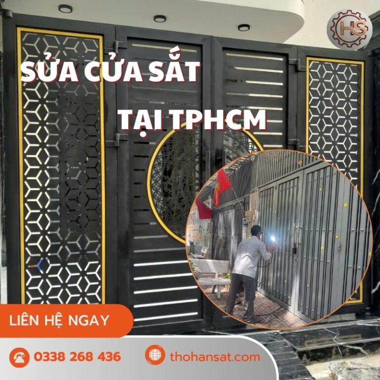 Thợ cơ khí chuyên nghiệp đang thi công sửa cửa sắt tận nơi tại TPHCM