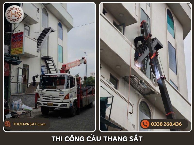 Thi công cầu thang sắt ngoài trời bằng xe cẩu chuyên dụng an toàn
