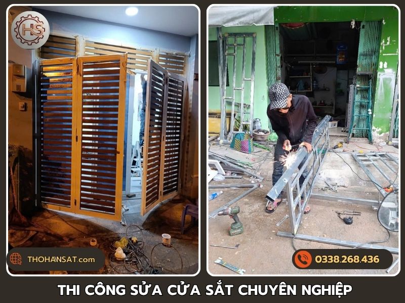 Bộ cửa sắt nan ngang và thợ đang mài khung sắt tại công trình