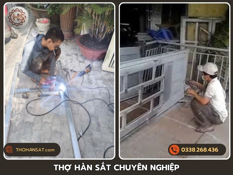 Đội ngũ thợ hàn sắt chuyên nghiệp đang thi công lắp ráp cửa sắt