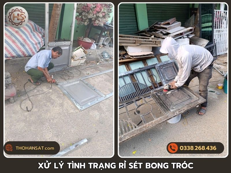 Thợ dùng máy mài làm sạch cửa sắt bị rỉ và bong lớp sơn cũ