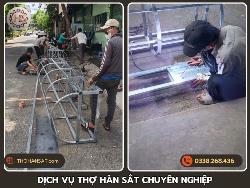 Dịch vụ thợ hàn sắt chuyên nghiệp đang lắp ráp khung sắt ngoài trời.