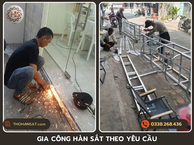 Thợ cơ khí đang gia công hàn sắt theo yêu cầu cho công trình dân dụng.