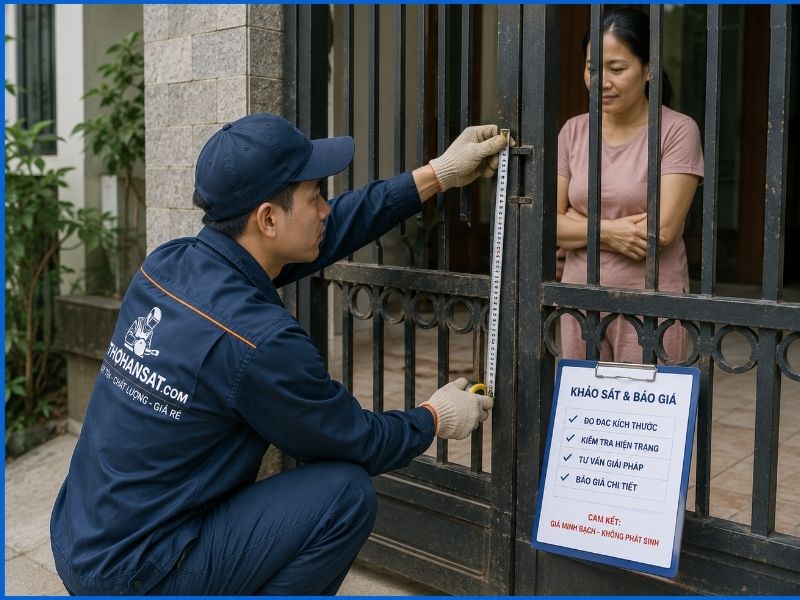 Thợ hàn sắt khảo sát thực tế cửa sắt để báo giá chính xác tại nhà