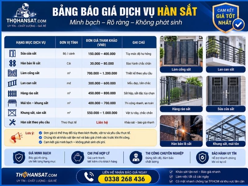 Bảng giá dịch vụ hàn sắt chi tiết và minh bạch tại Thợ Hàn Sắt
