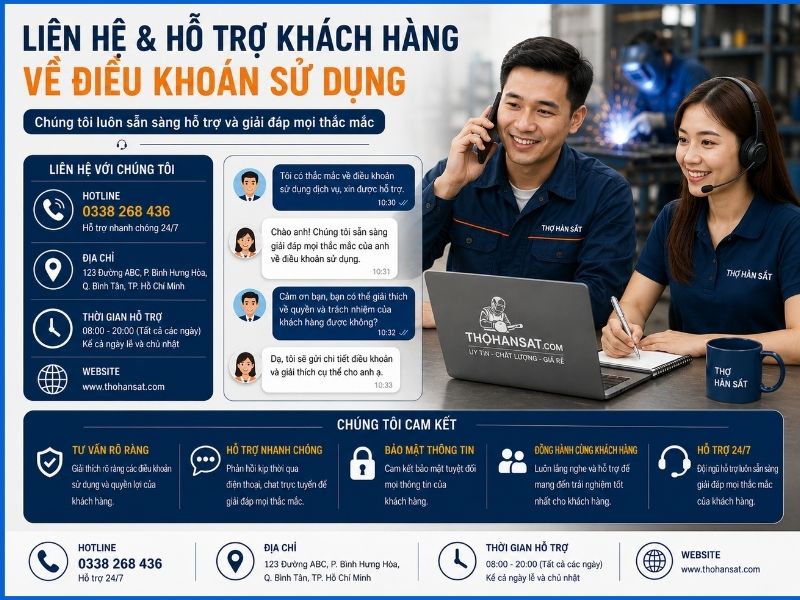 Liên hệ hỗ trợ và giải quyết thắc mắc về điều khoản sử dụng tại Thợ Hàn Sắt