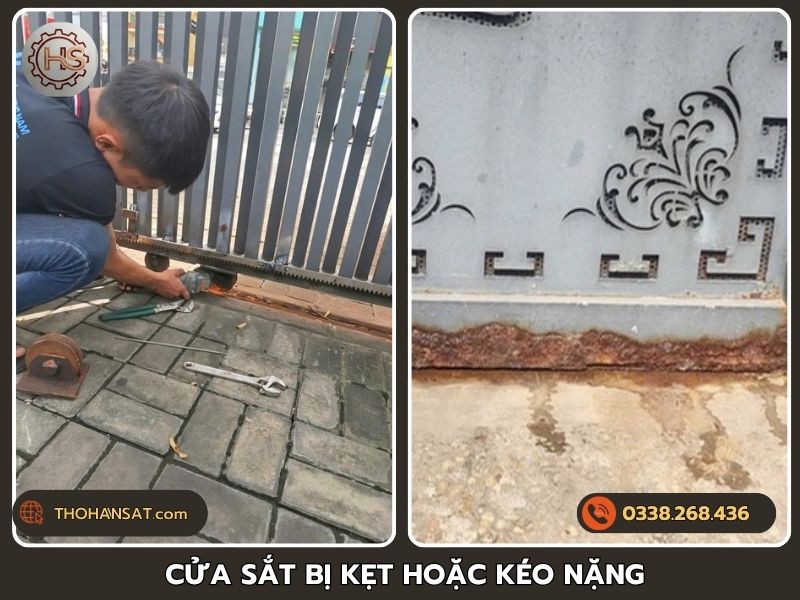 Cửa sắt trượt lùa bị kẹt bánh xe và ray dẫn hướng khiến thao tác kéo bị nặng