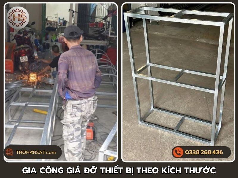 Thợ cơ khí thực hiện gia công khung thiết bị theo đúng thông số bản vẽ