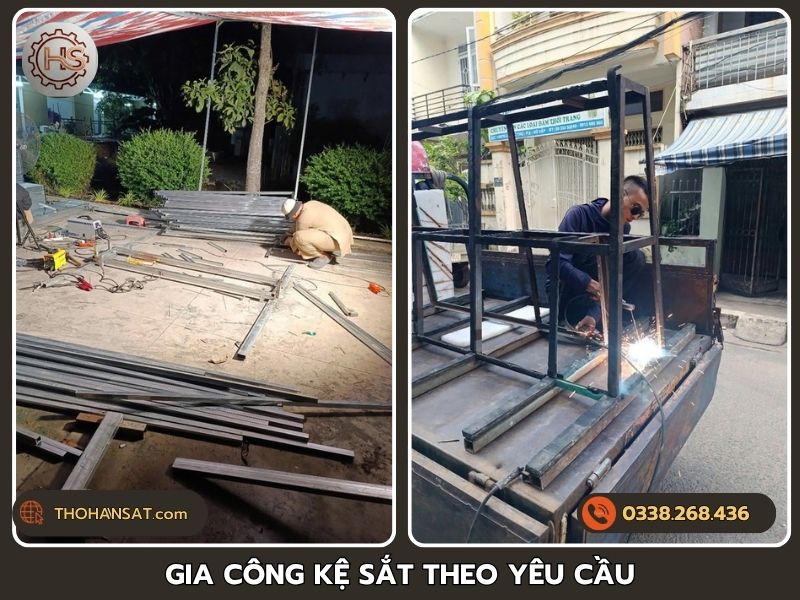 Thợ cơ khí cẩn thận thực hiện các đường hàn chắc chắn khi gia công khung kệ sắt