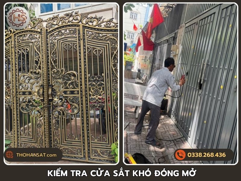Thợ kỹ thuật đang khảo sát kiểm tra chi tiết bản lề và khe hở của cửa sắt