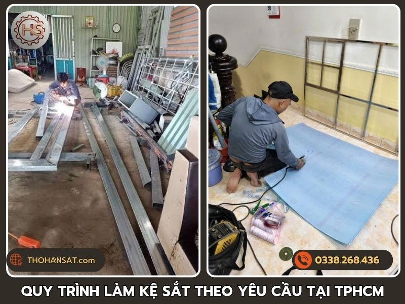 Các bước cắt hàn và mài góc chuẩn trong quy trình gia công kệ sắt tại xưởng