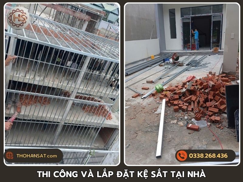 Thợ mang vật tư đến tận nơi để tiến hành thi công và lắp ráp kệ sắt an toàn