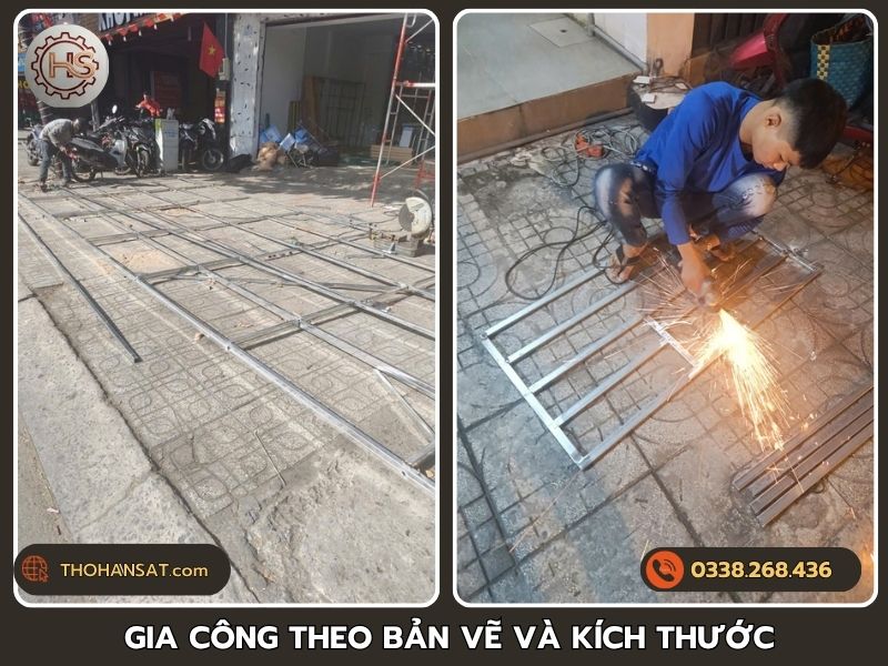 Thợ tiến hành gia công hàn sắt theo đúng bản vẽ và kích thước yêu cầu