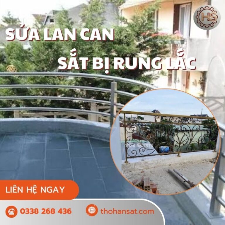 Thợ cơ khí đang tiến hành hàn sửa lan can sắt bị rung lắc tận nơi