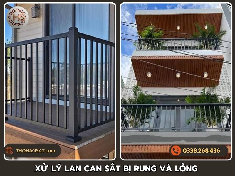 Thợ cơ khí thi công xử lý lan can sắt bị rung lắc và hư hỏng
